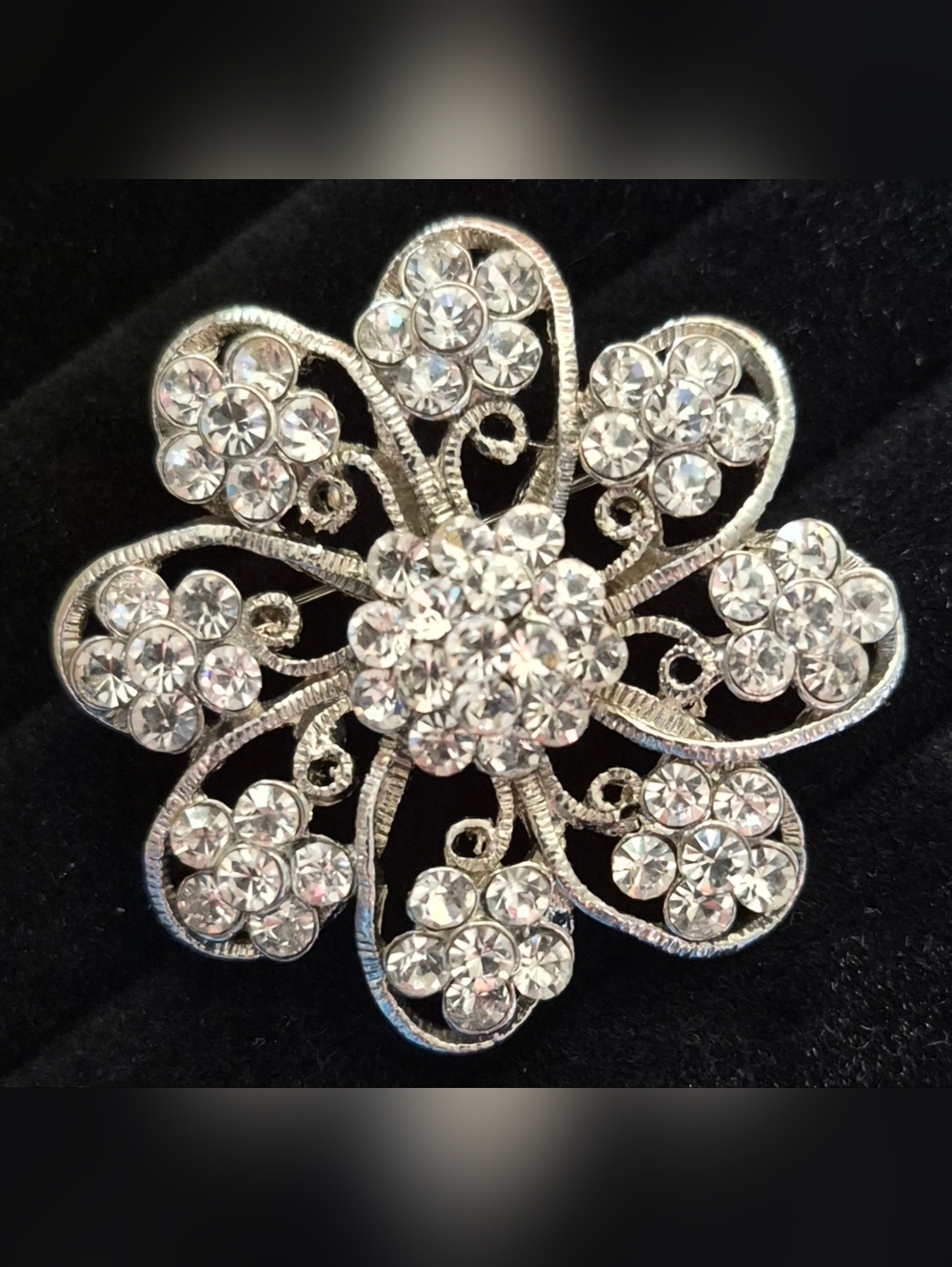Vintage Rhinstone Floral Statement Brooch - Silver Tone